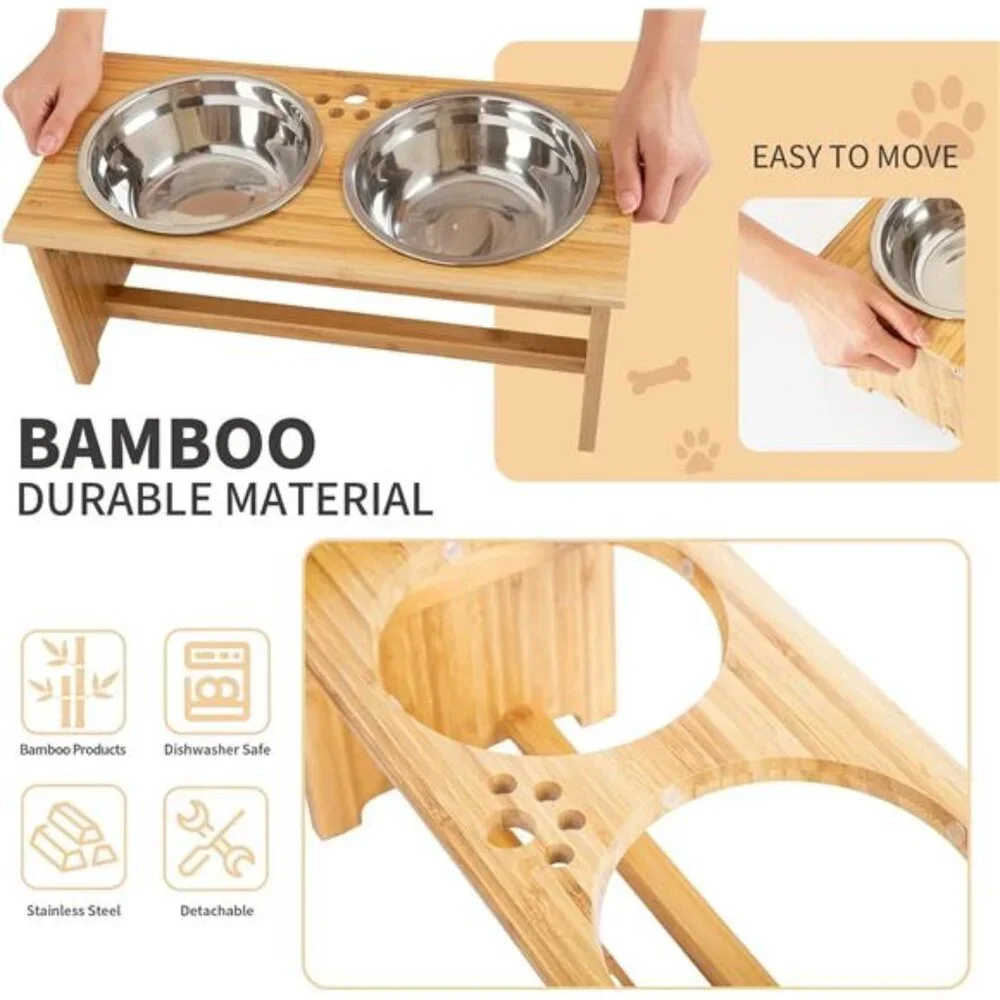 Raised Pet Bowls for Cats and Small Dogs, Bamboo Elevated Dog Cat Food Bowls